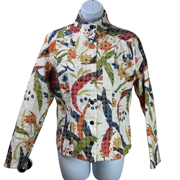Chico’s Floral Waist Jacket Mandarin Collar Sz 1 - Picture 1 of 7